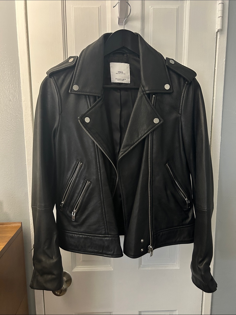 Mango Black Leather Moto Jacket with Silver Hardware